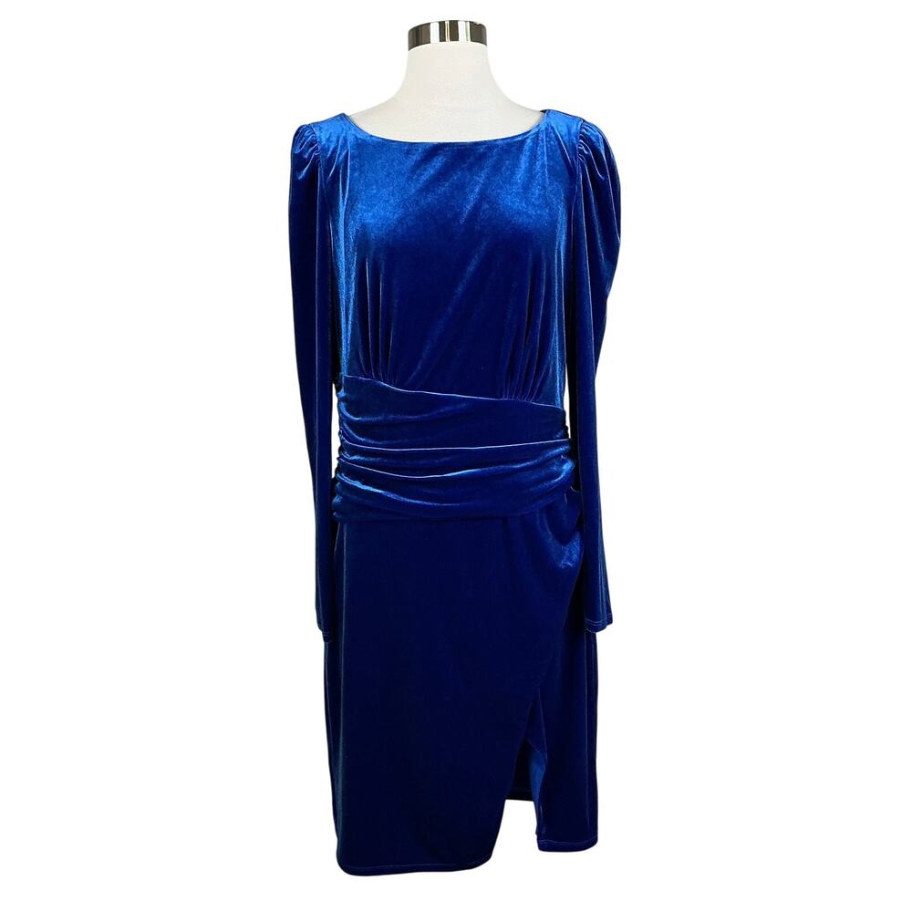 Ralph Lauren Blue Cocktail Dress Velvet Long Sleeve Boat Neck Sheath Size 12 - Picture 2 of 13